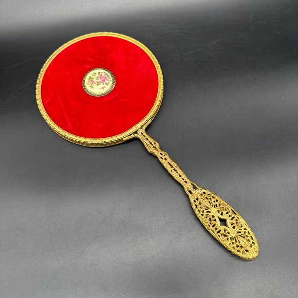 Antique Vanity Hand Mirror Red Velvet Guilloche Enamel Plaque Floral Brass - Picture 1 of 12